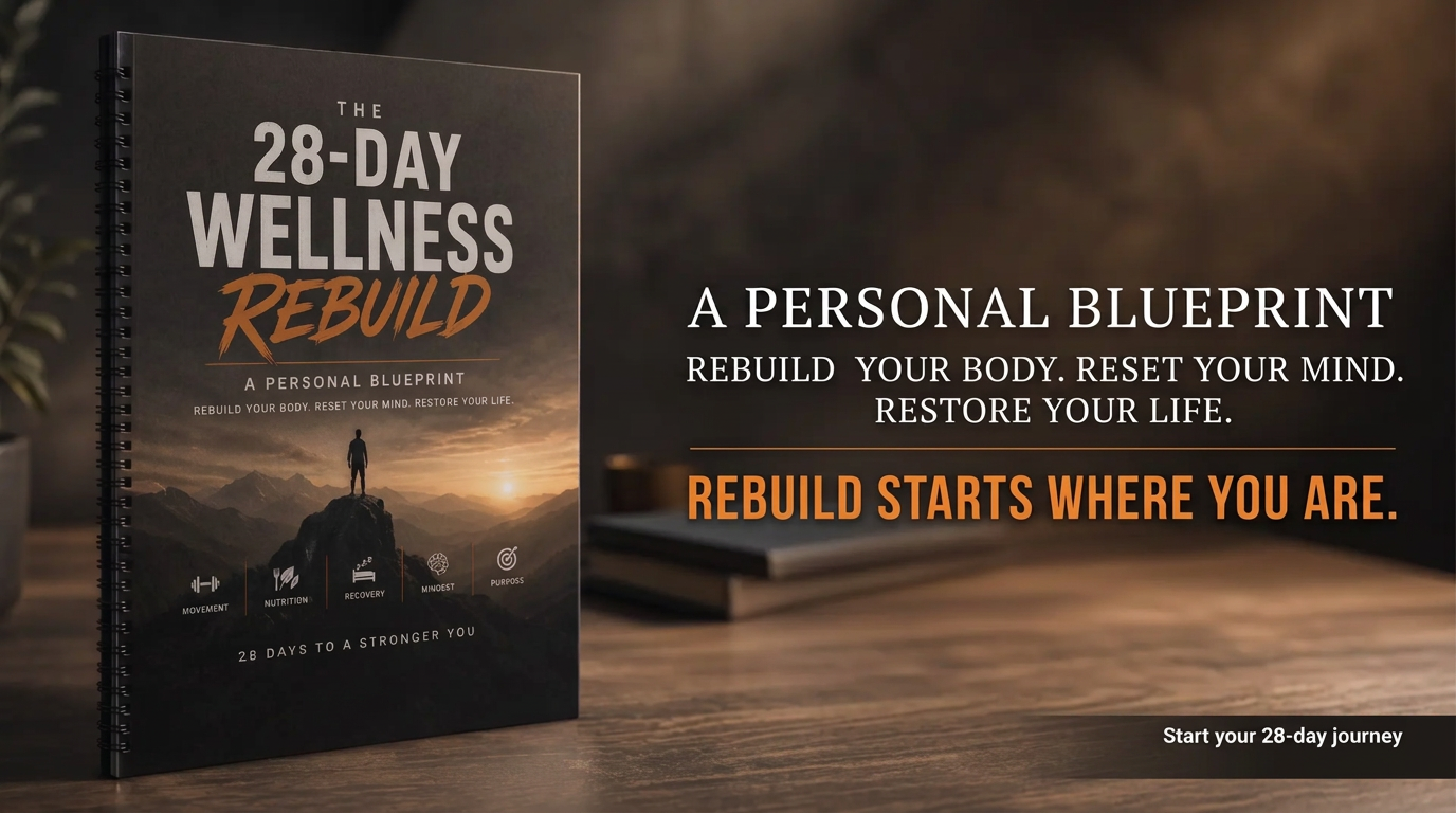 The 28 Day Wellness Rebuild workbook on a wooden table.