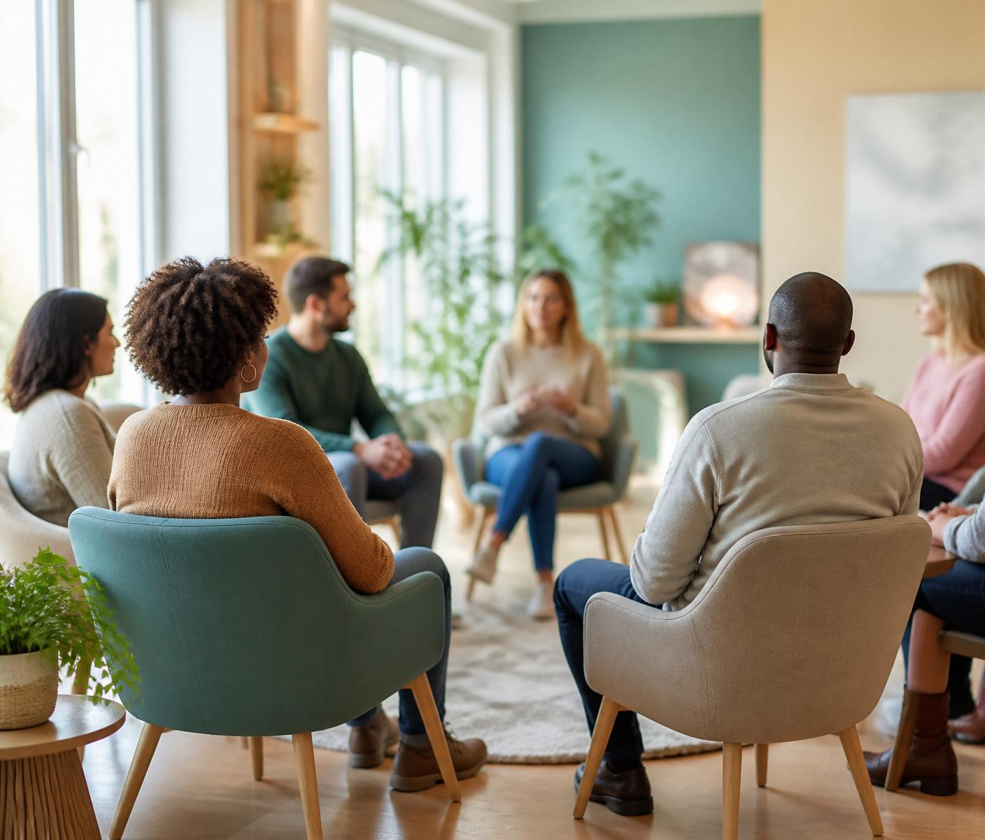 A diverse group of adults in a supportive wellness group session, seated in a bright, calming room.