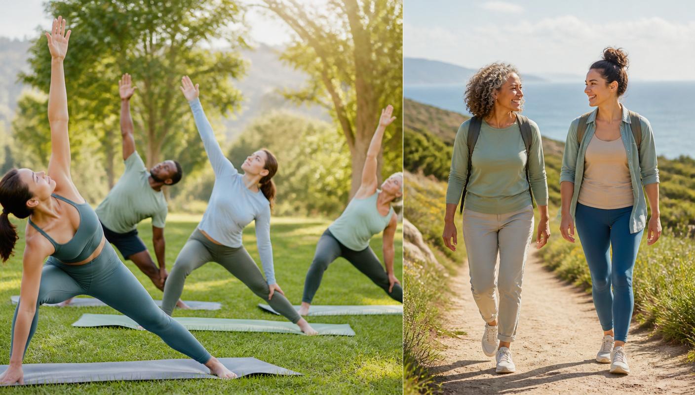People practicing yoga outdoors and walking together on a nature trail, representing movement and wellness.