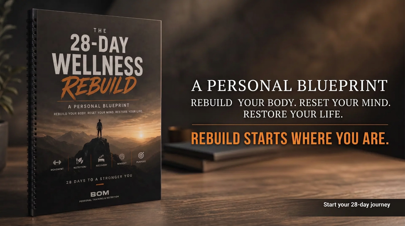 The 28-Day Wellness Rebuild spiral bound workbook on a wooden table.