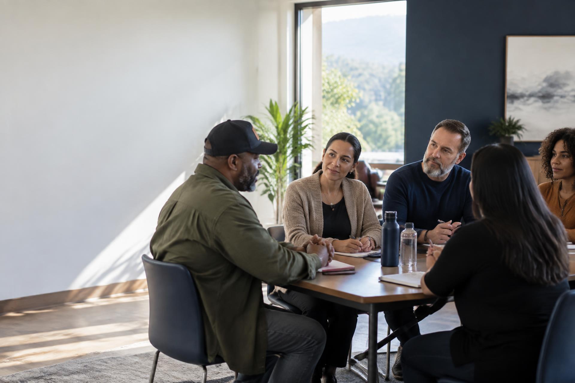 Adults participating in a focused wellness discussion with a facilitator.
