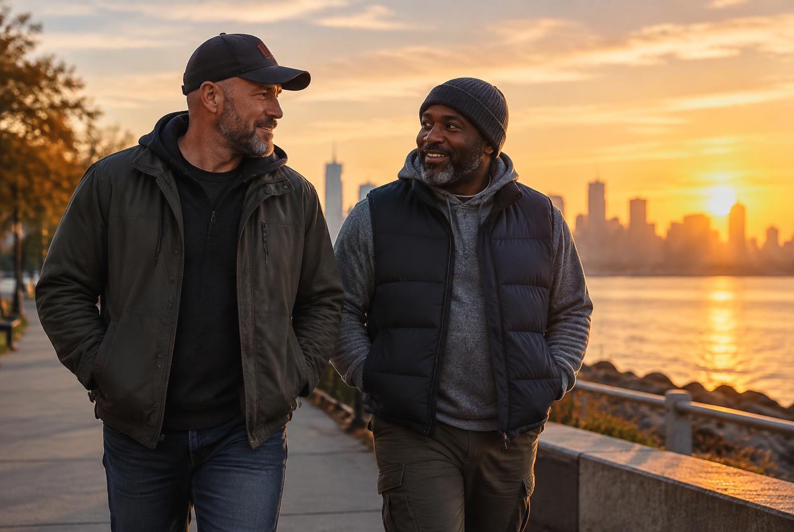Two men walking together outdoors as part of rebuilding everyday life.